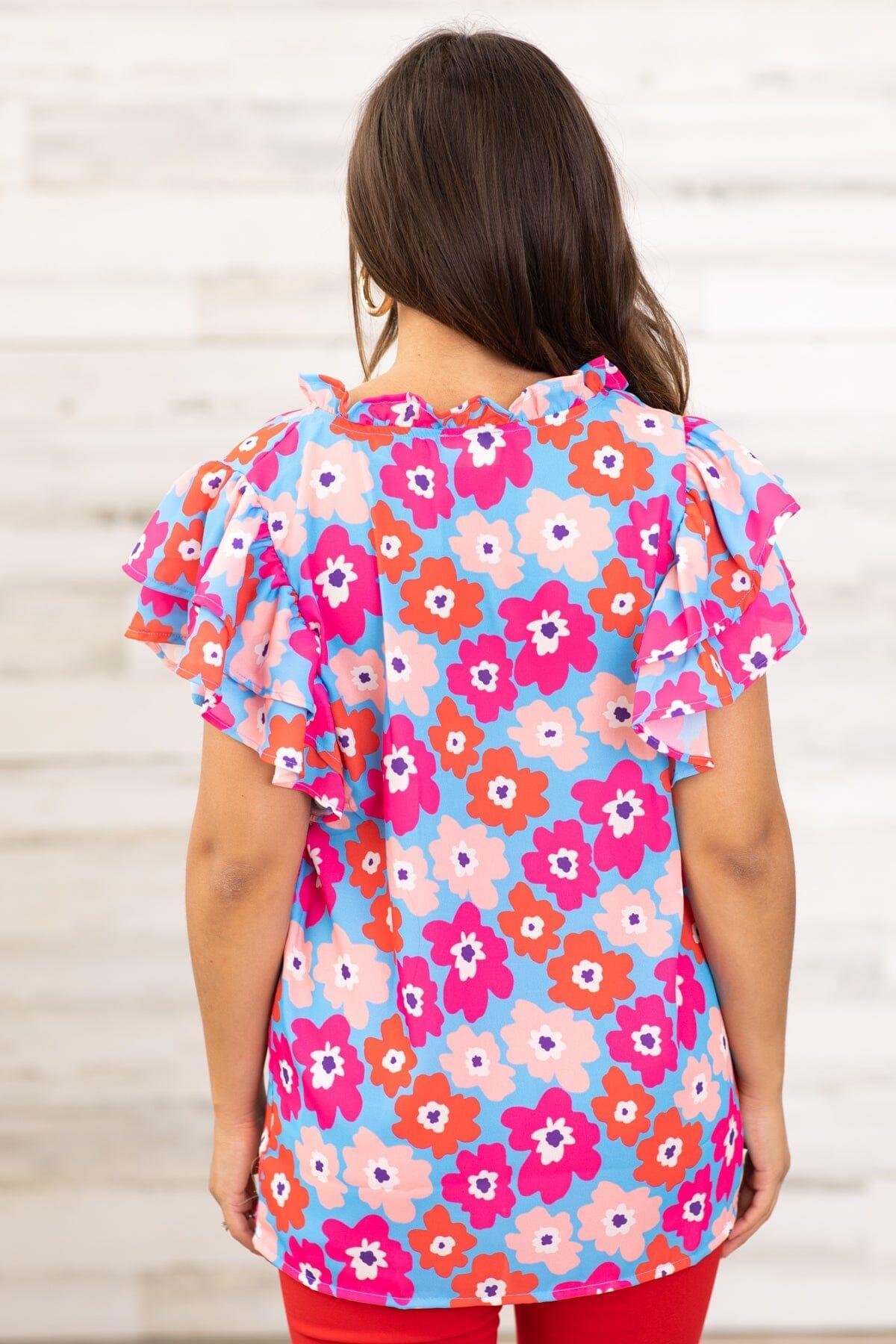 Hot Pink and Cornflower Floral Print Top Product Image