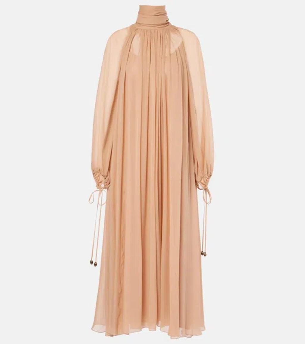 CHLOÉ Silk Georgette Ruffled Long Dress In Nude Product Image