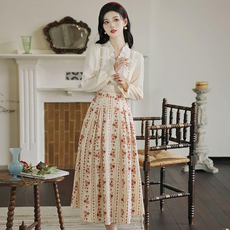 Long-Sleeve V-Neck Lace Trim Blouse / High Waist Floral Corduroy Midi A-Line Skirt / Set Product Image