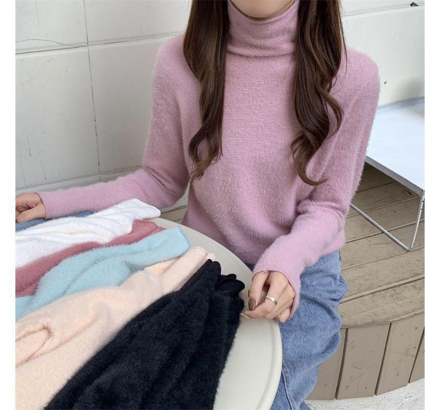 Turtleneck Plain Fluffy Sweater Product Image