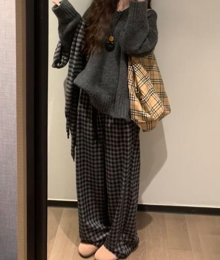 High Rise Plaid Wide Leg Pants Product Image