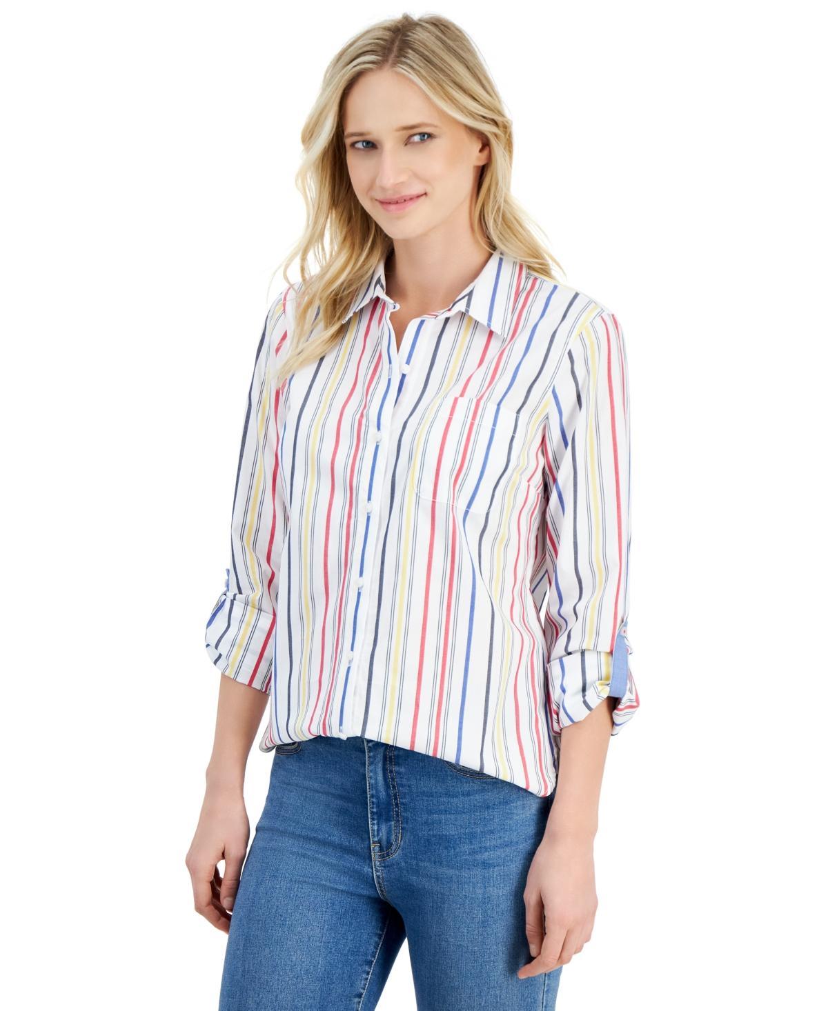 Nautica Jeans Womens Gateway Cotton Striped Roll-Tab Shirt Product Image