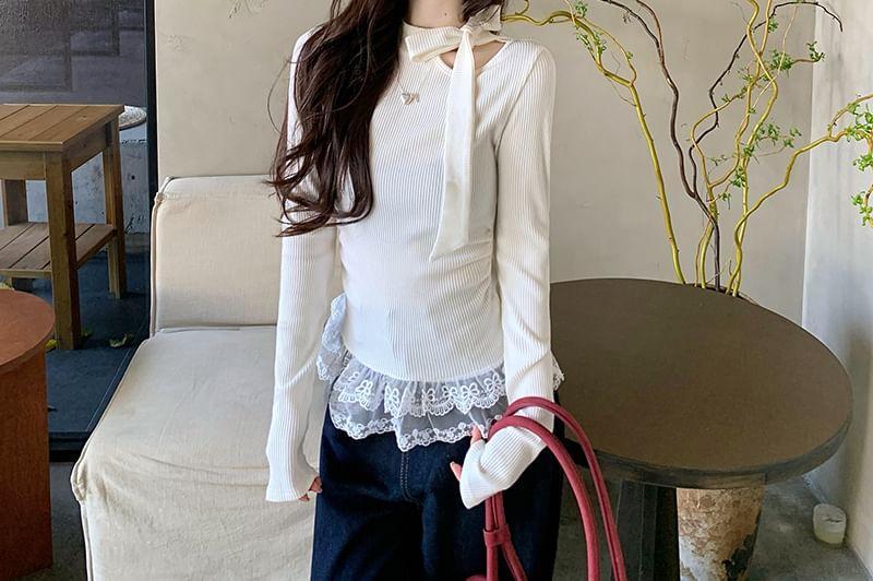 Long-Sleeve Mock Neck Plain Bow Cutout Lace Trim Ribbed Knit Top Product Image