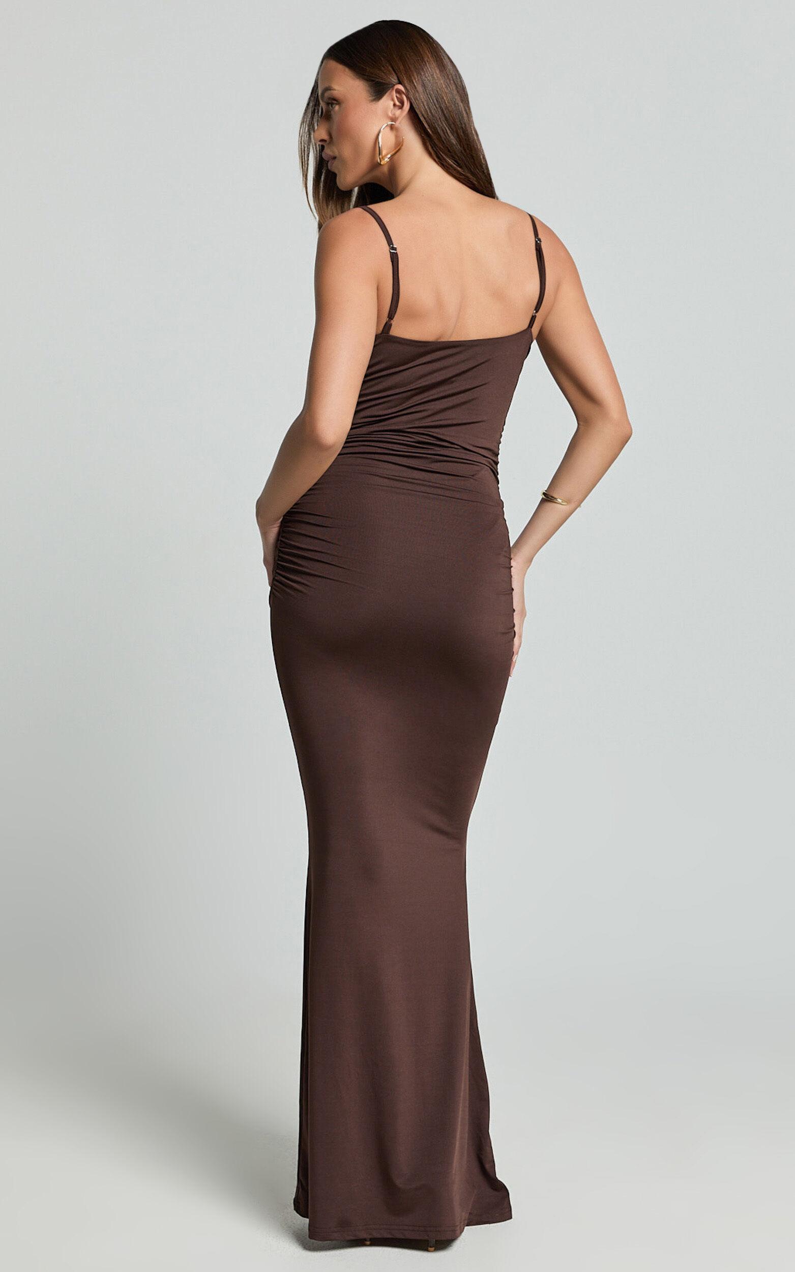 Imogen Maxi Dress - Strappy Ruched Slip Dress in Chocolate Product Image