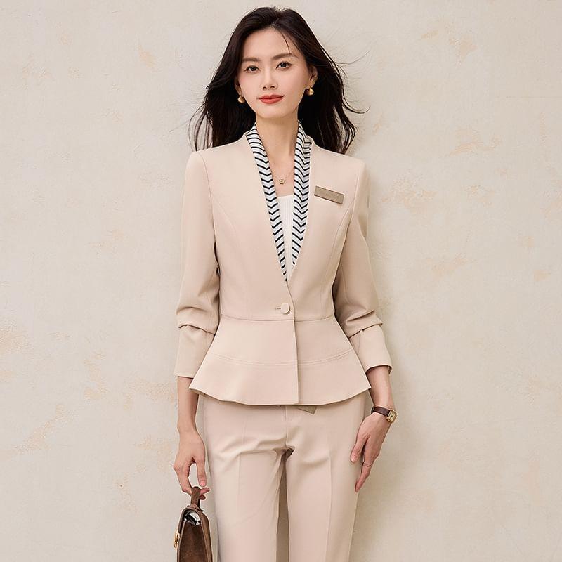 V-Neck Plain Peplum Single Breasted Blazer / High Rise Flared Suit Pants / Set Product Image