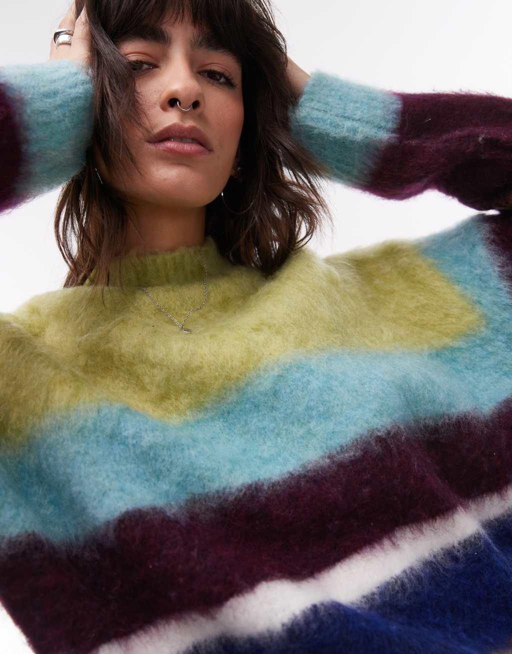 Topshop knitted fluffy stripe relaxed sweater in multi stripe Product Image