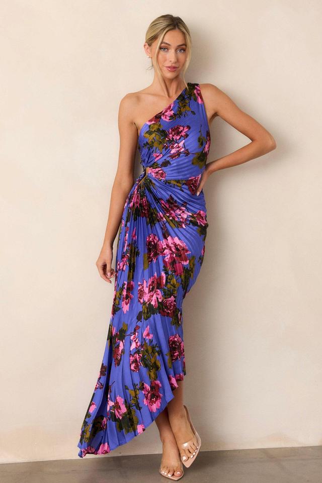 Poetic Charm Violet Floral Asymmetric One Shoulder Maxi Dress Product Image