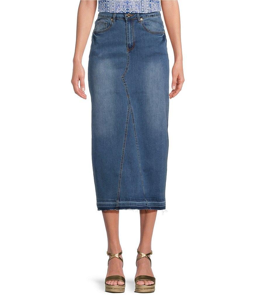 Calessa Stretch Denim Straight Hem Back Slit Pull-On Midi Skirt Product Image