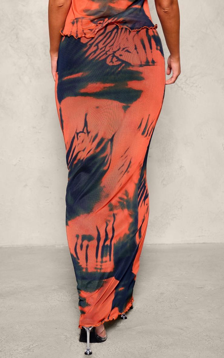 Orange Abstract Print Mesh Low Rise Maxi Skirt Product Image