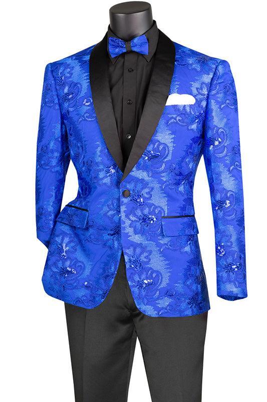 Royal Blue Embroidery Slim Fit Jacket Shawl Lapel with Bow Tie Product Image