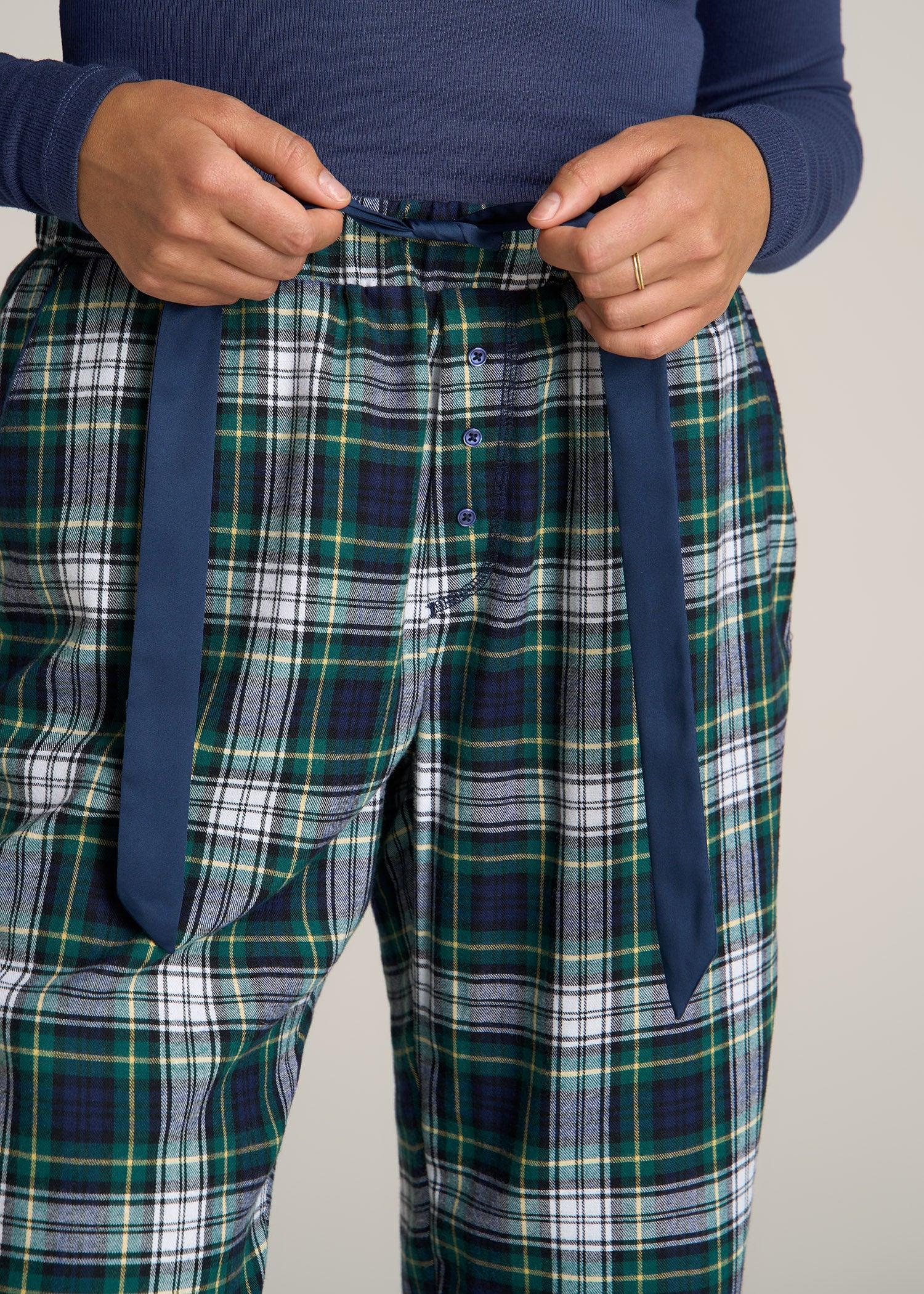 Open-Bottom Flannel Women's Tall Pajama Pants in Green and Navy Tartan Female Product Image