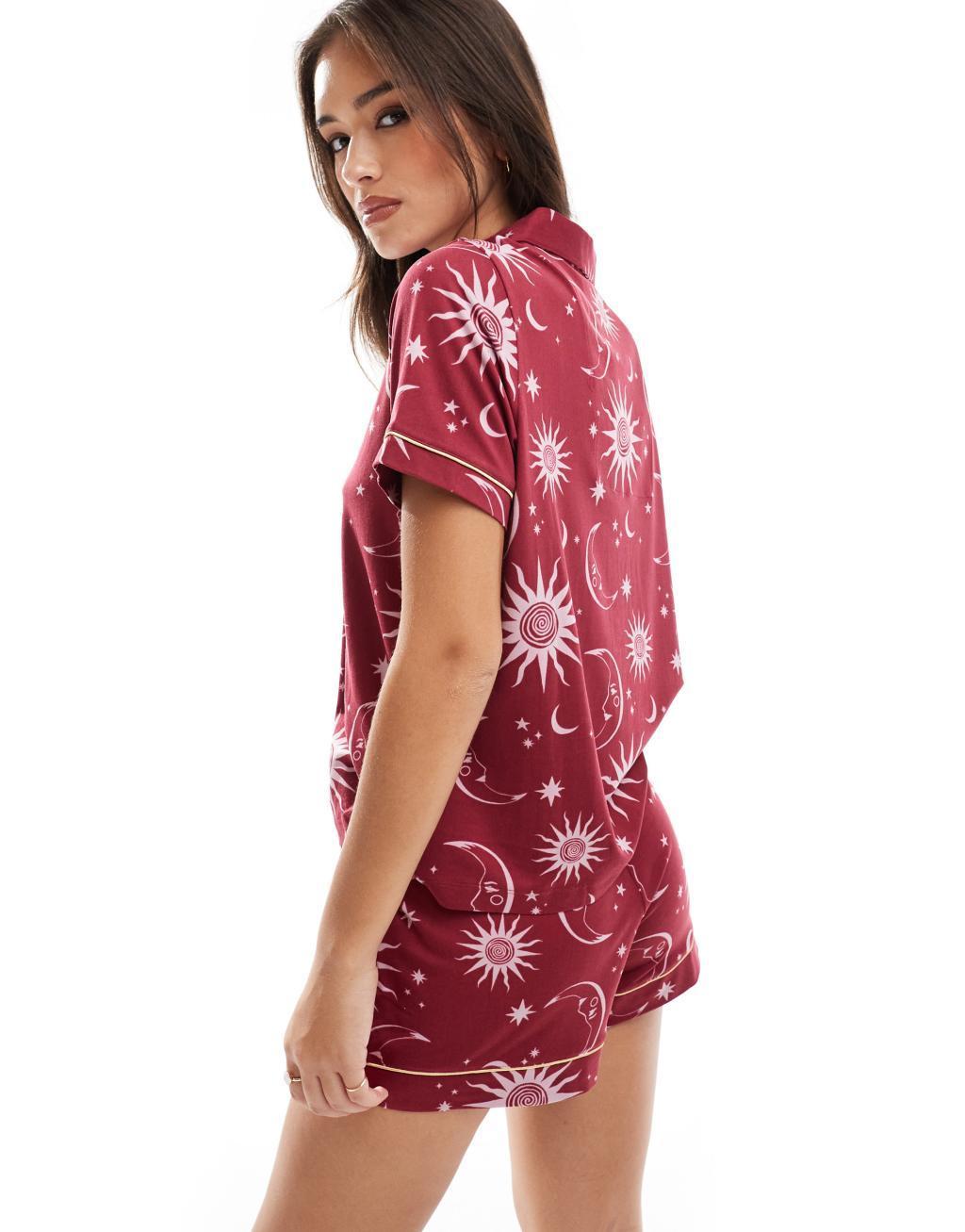 Chelsea Peers Exclusive moon and star print short sleeve revere and short pajama set in cherry red Product Image