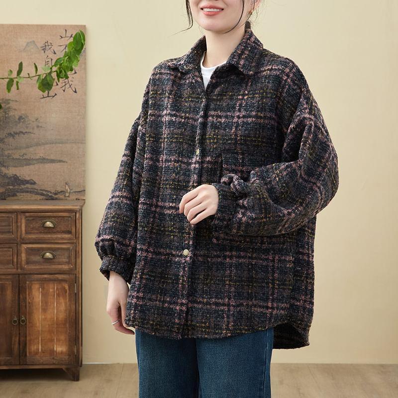 Long Sleeve Collared Plaid Shirt Jacket Product Image