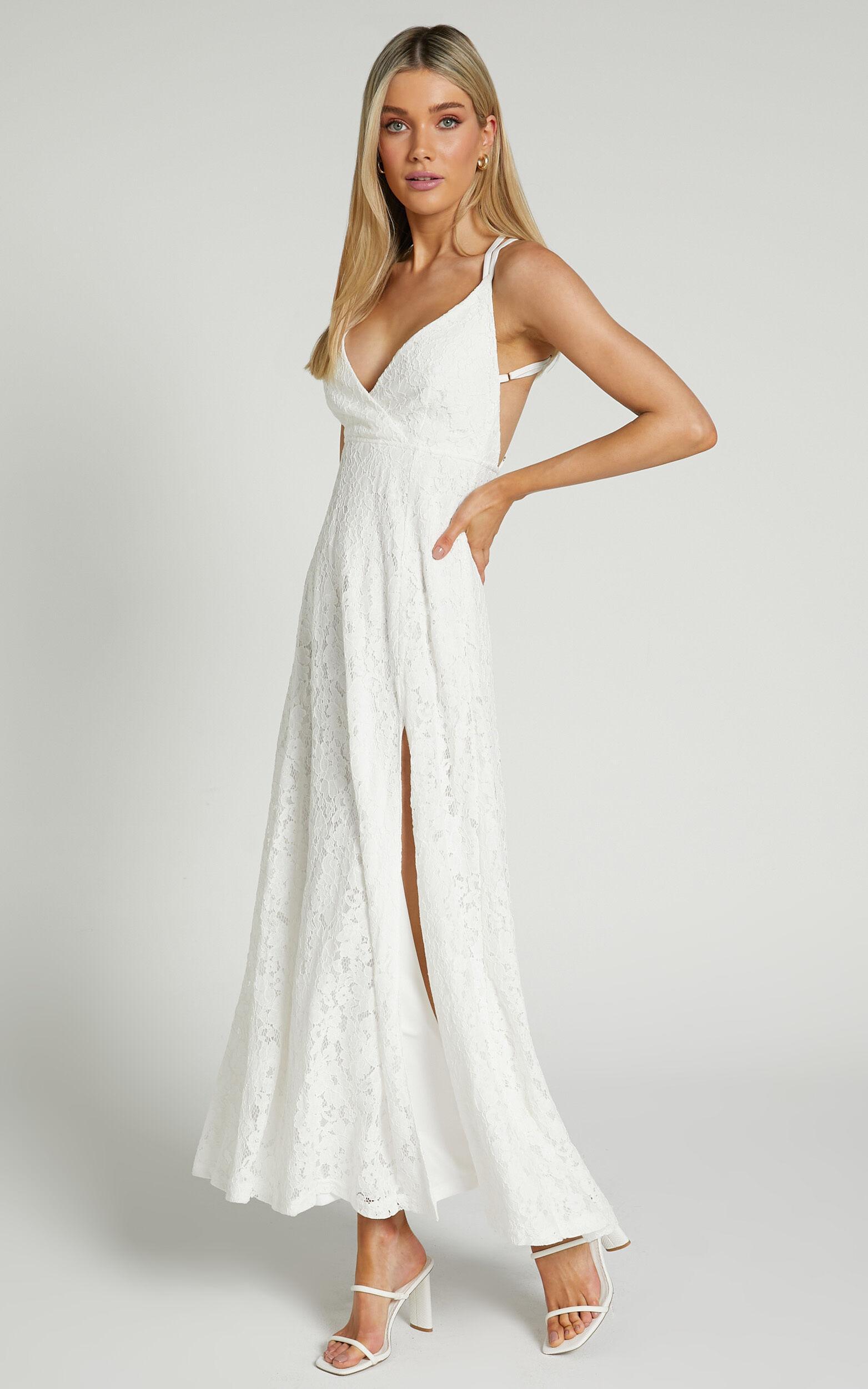 Adabelle Midi Dress - Cross Back Lace Dress in White Product Image