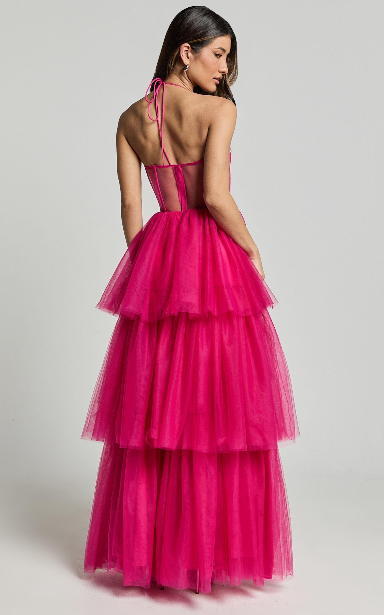 Ariel Maxi Dress - Tiered Tulle Bustier Halter Dress in Hot Pink Product Image