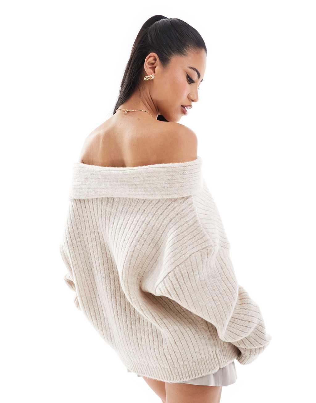 ASOS DESIGN oversized knitted off shoulder sweater in cream Product Image