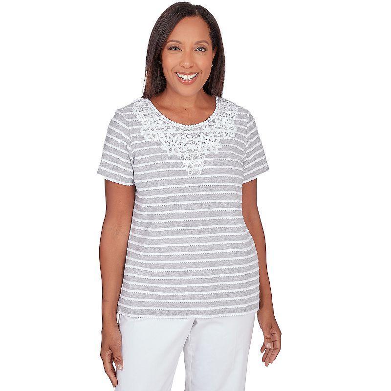 Petite Alfred Dunner Lace Neck Striped Split Hem Tee, Womens Dark Blue Product Image