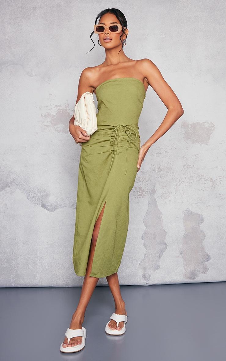 Khaki Linen Look Bandeau Ruched Detail Midaxi Dress Product Image