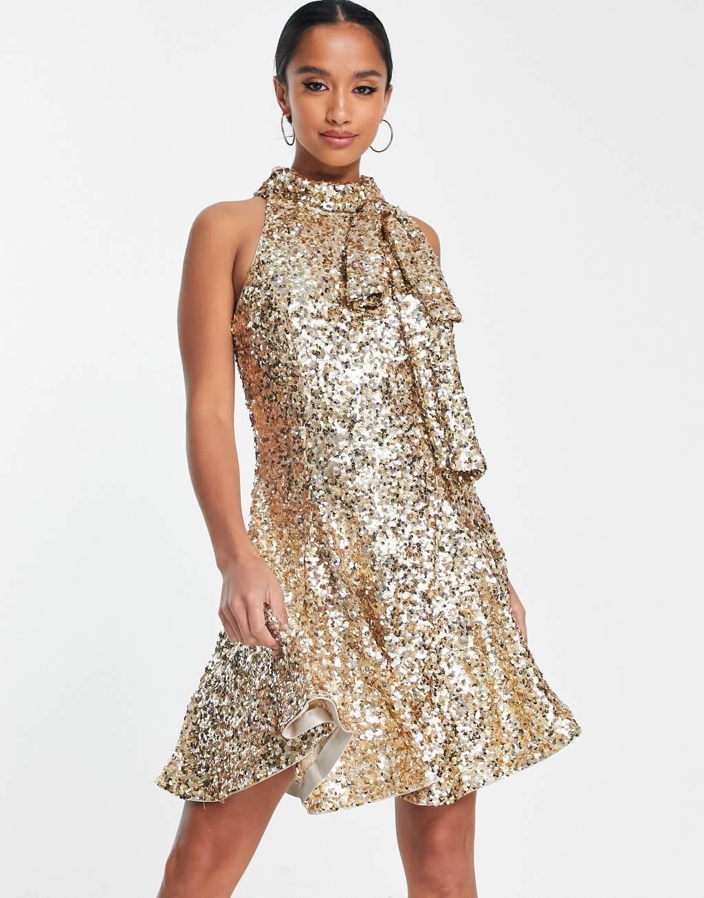 Ever New Petite high neck bow embellished mini dress in champagne gold Product Image