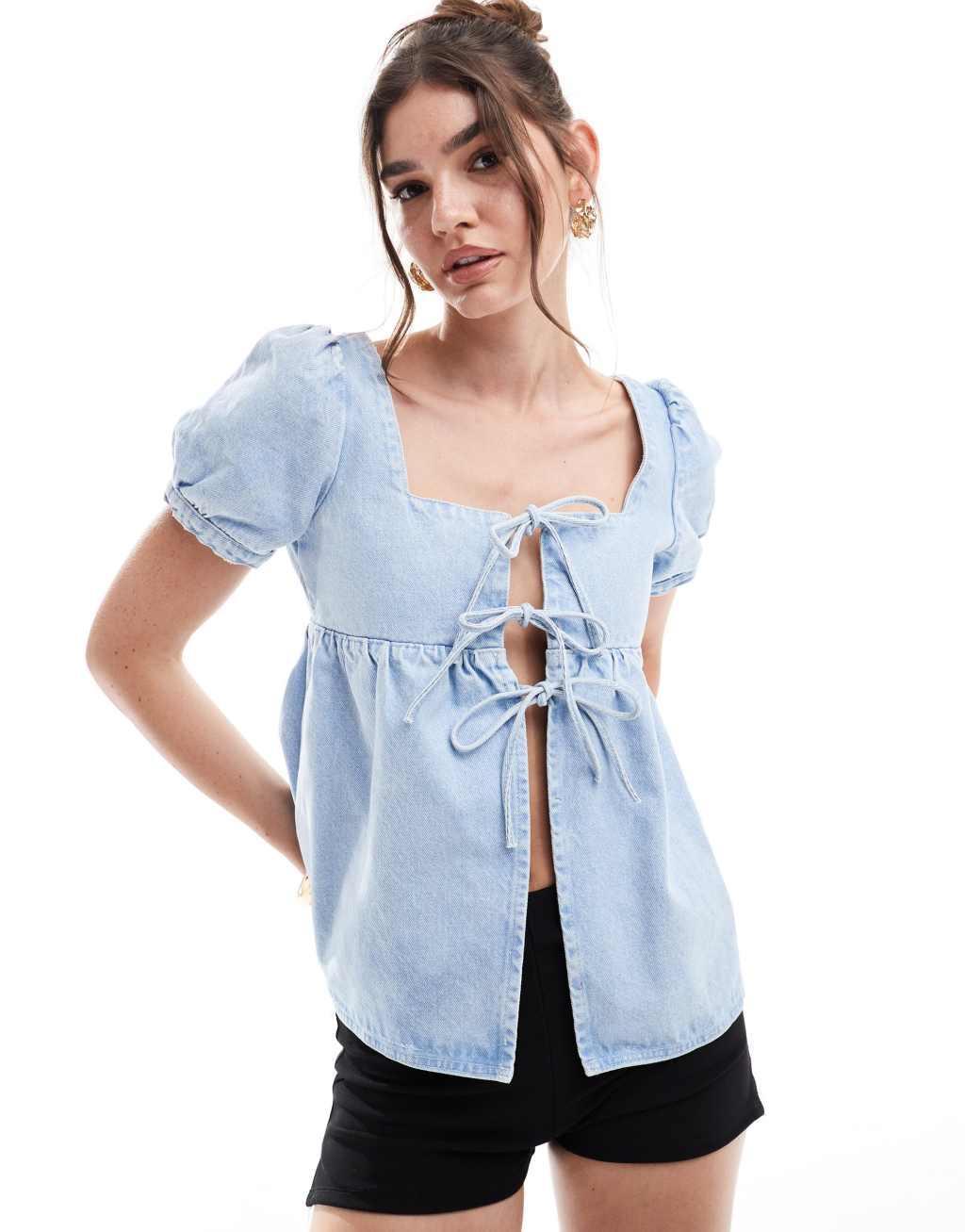 ASOS DESIGN denim babydoll top in mid blue Product Image