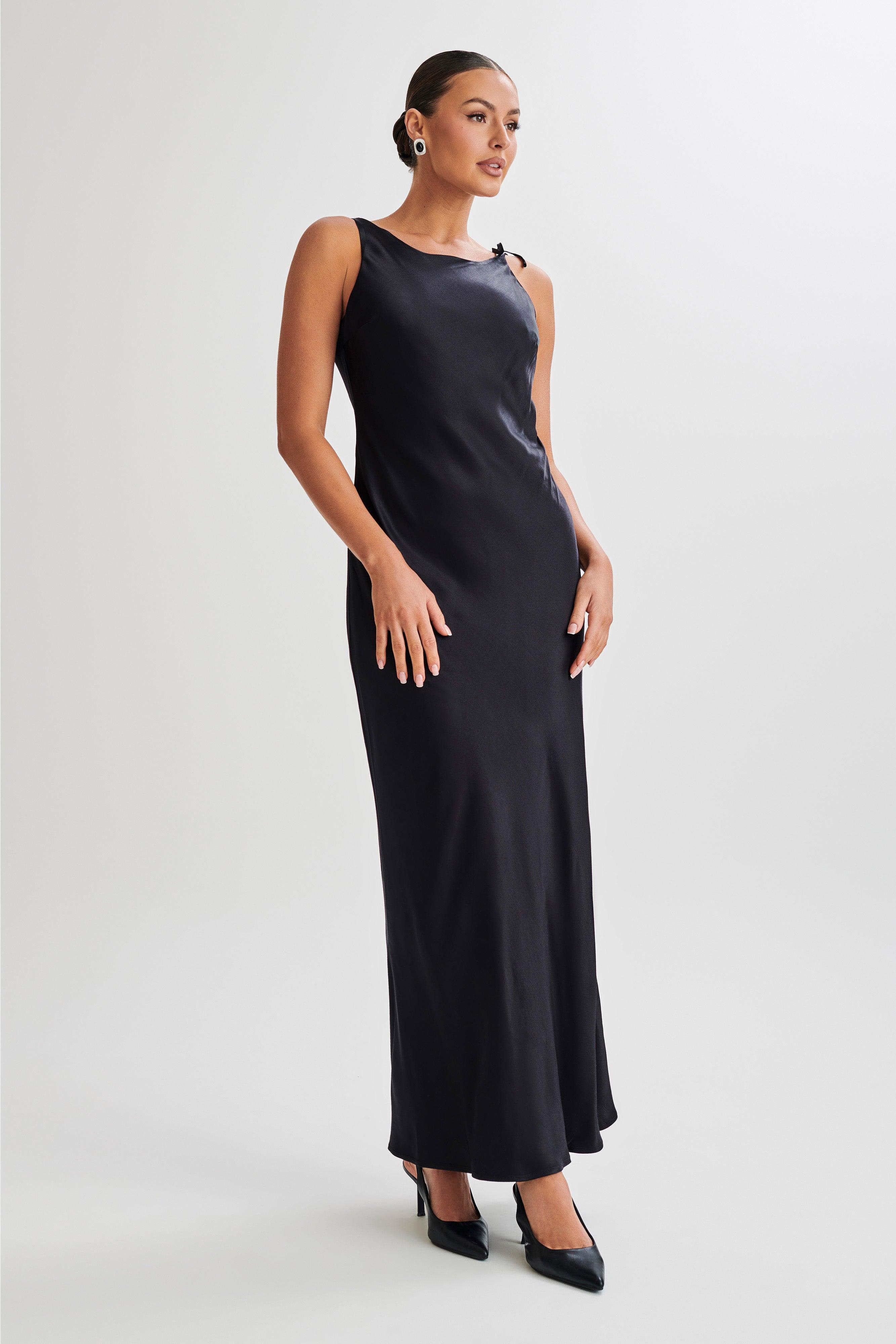 Annalise Satin Maxi Dress With Tie - Black Product Image