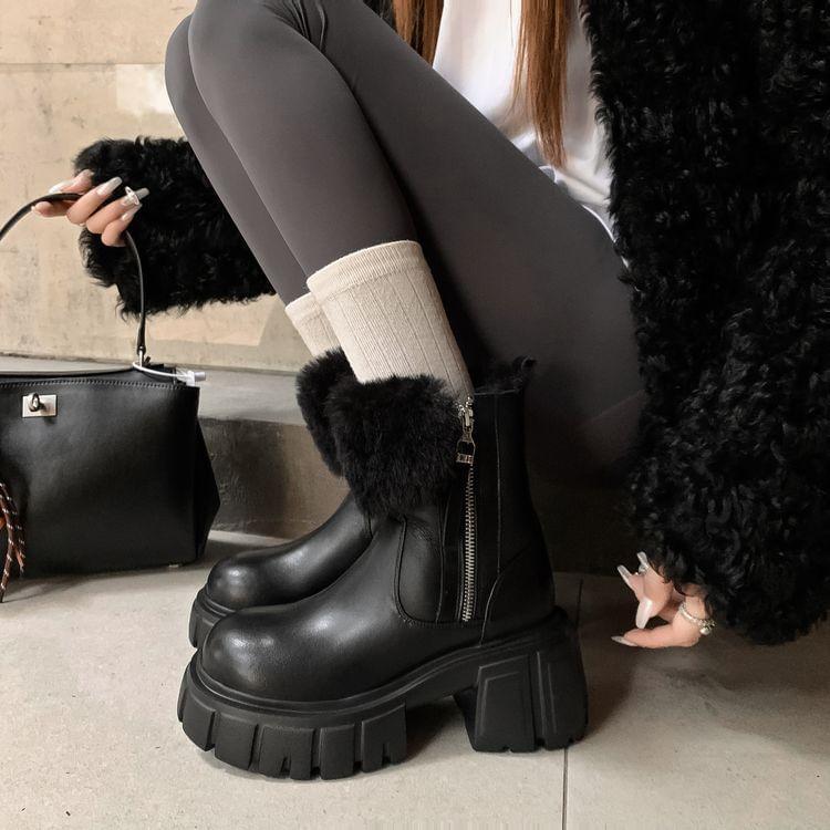 Platform Plain Fleece-Lined Zip-Up Genuine Leather Short Boots Product Image