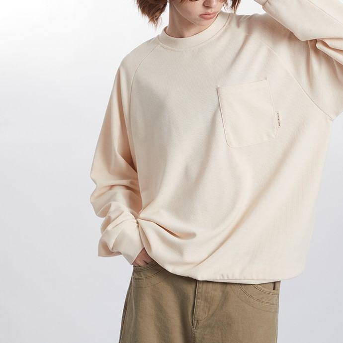 Crew Neck Plain Pocket Oversized Pullover Product Image