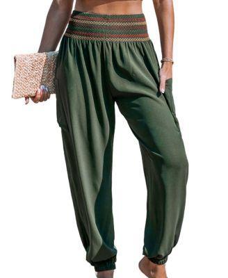 Women's Olive Smocked Waist Patch Pocket Tapered Leg Pants Product Image