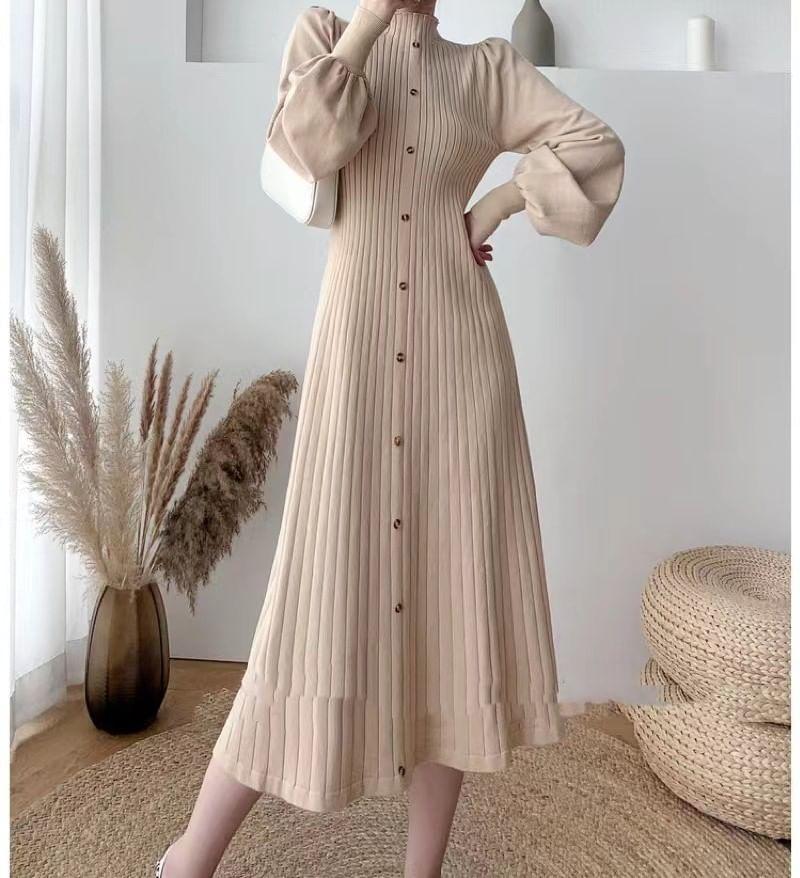 Puff-Sleeve High Neck Plain Ribbed Midi Knit Dress Product Image