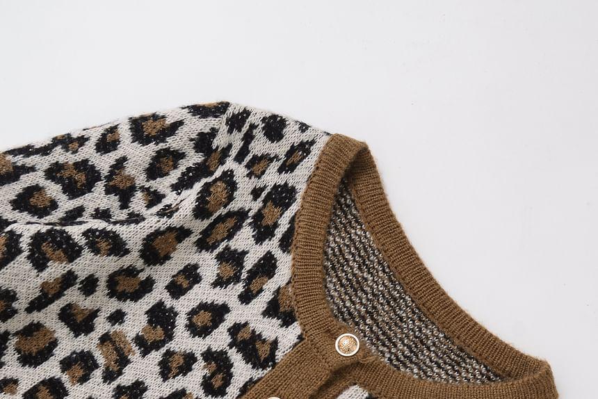 Crew Neck Leopard Print Button Cardigan Product Image