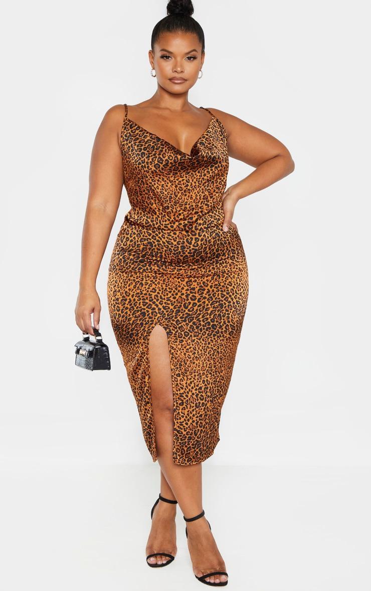 Plus Leopard Print Strappy Satin Cowl Midi Dress Product Image