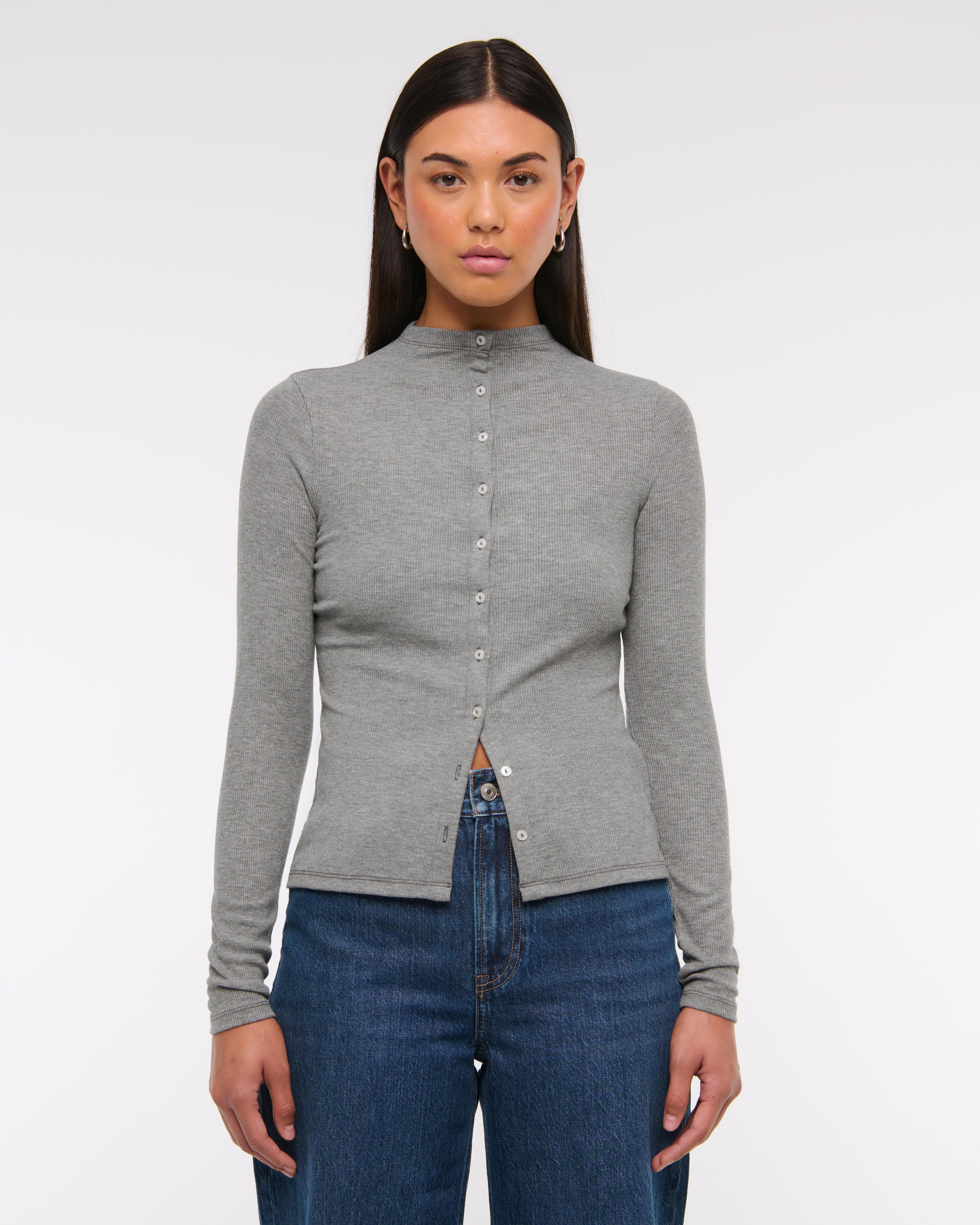 Long-Sleeve Mockneck Button-Through Top Product Image