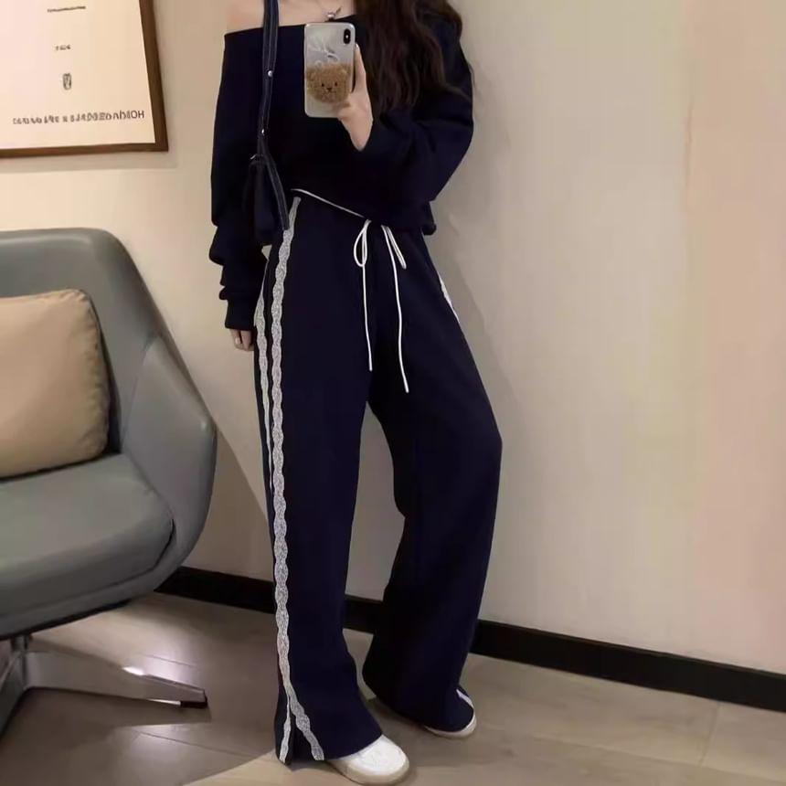 High Waist Lace-Trim Loose-Fit Wide-Leg Sweatpants Product Image