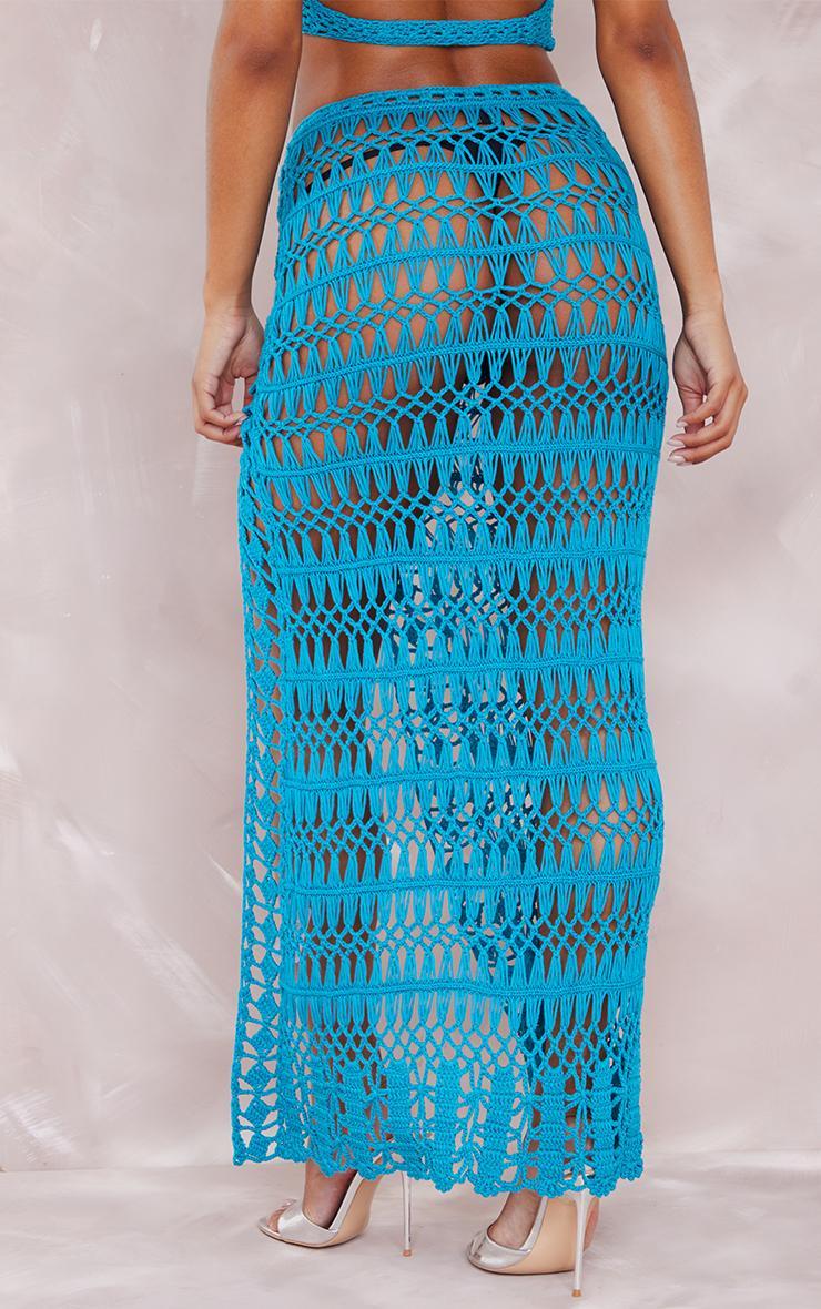 Turquoise Side Split Crochet Knit Maxi Skirt Product Image