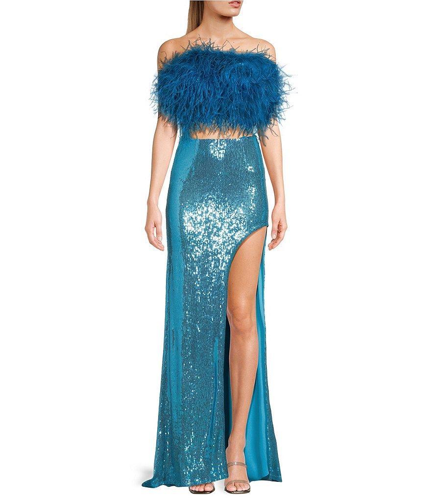 Dear Moon Faux Feather Strapless Sequin Embellished Long Two-Piece Dress Product Image