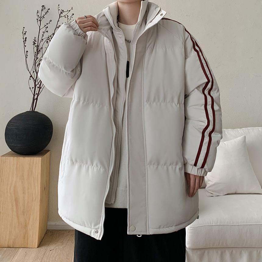 Stand Collar Striped Plain Mock Two Piece Zip Puffer Jacket Product Image