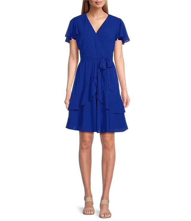 Leslie Fay Short Flutter Sleeve V-Neck Cascade Ruffle Skirt Tie Waist Faux Wrap Dress Product Image