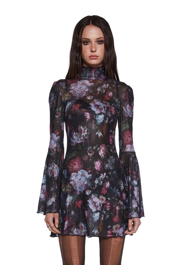 Floral Mesh Mock Neck Long Bell Sleeve Mini Dress Current Mood - Multi Product Image