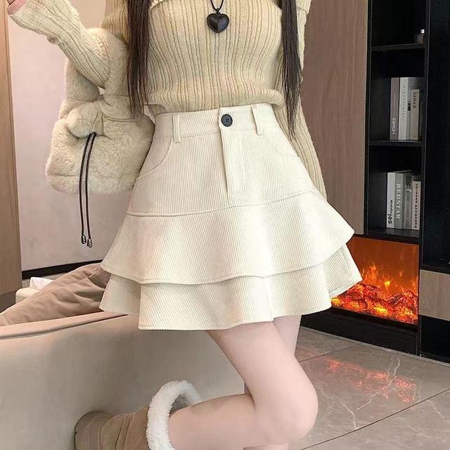 High Waist Plain Corduroy Mini A-Line Skirt Product Image