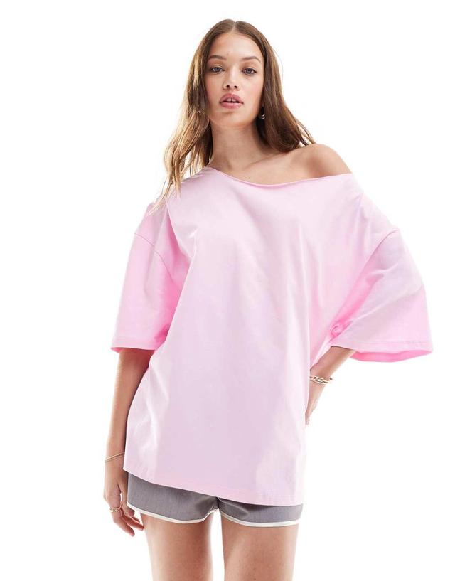 ASOS DESIGN relaxed off shoulder t-shirt in pink Product Image