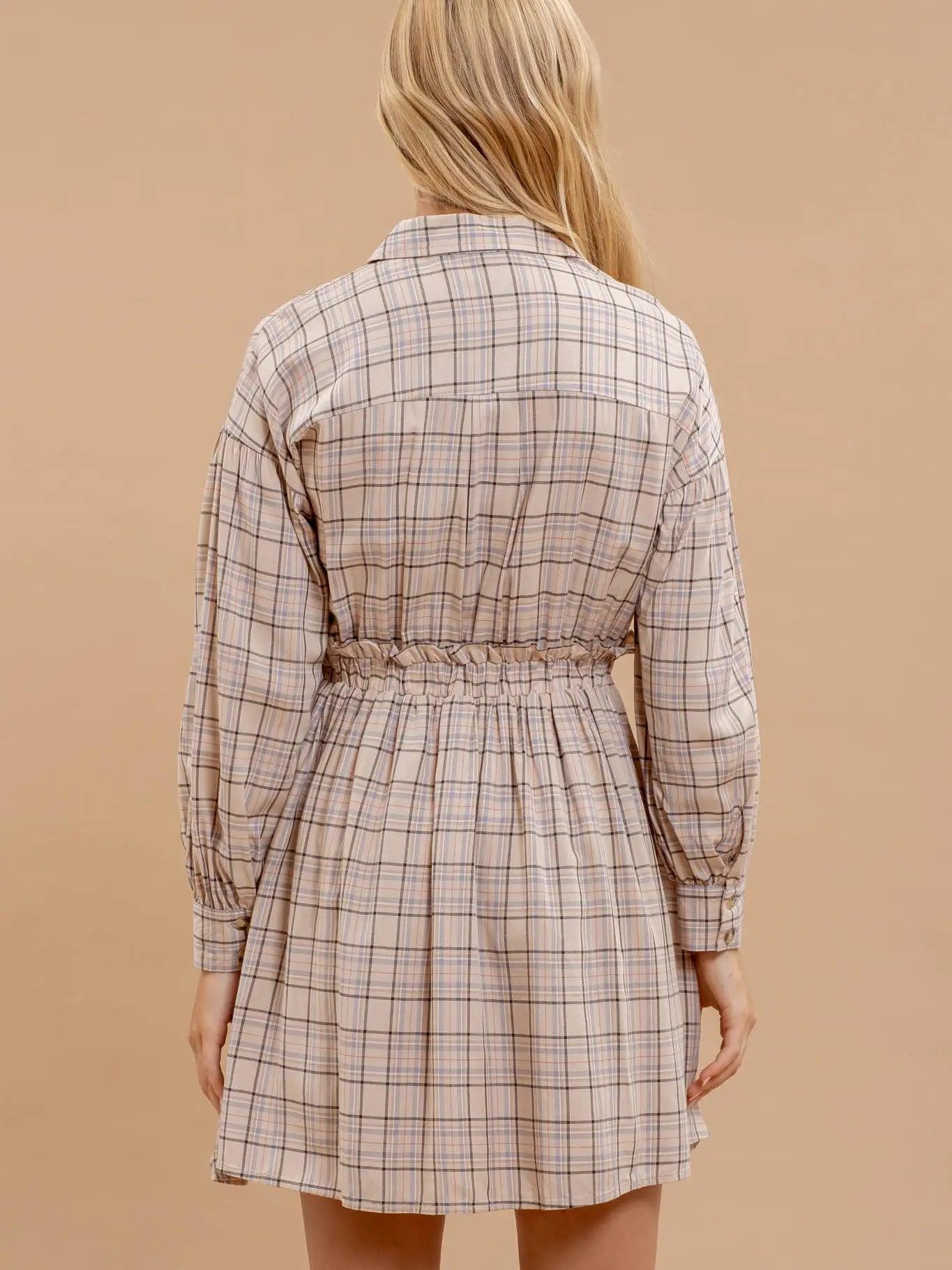 Plaid Collared Button Down Long Sleeve Dress Product Image