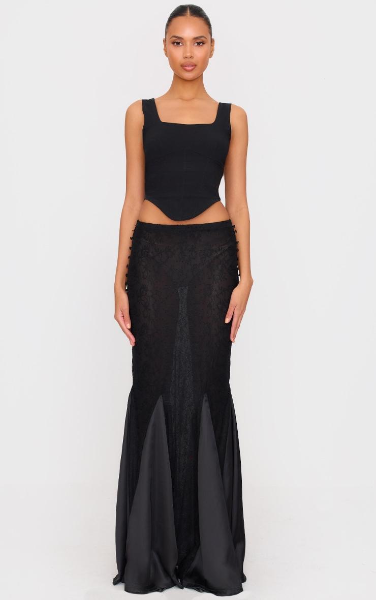 Black Premium Lace Satin Hem Detail Fishtail Maxi Skirt Product Image