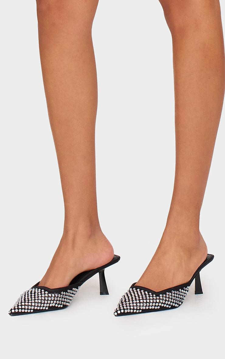 Black Diamante Mesh Point Toe Mid Stiletto Heeled Mules Product Image