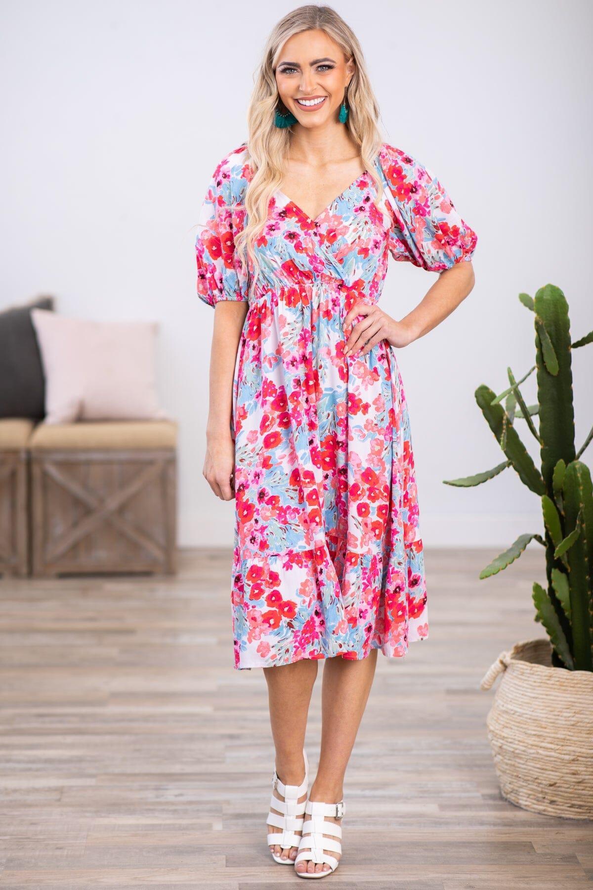 Sky Blue and Pink Puff Sleeve Floral Dress Product Image