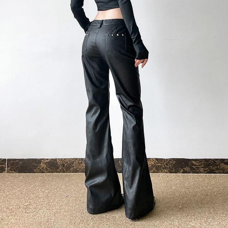 Mid Waist Faux Leather Flared Pants Product Image