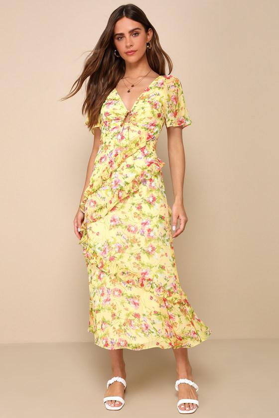 Next to You Yellow Floral Print Ruffled Backless Midi Dress Product Image