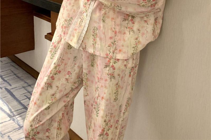 Pajama Set: Long Sleeve Collared Floral Print Frill Bow Blouse + Straight Leg Pants Product Image