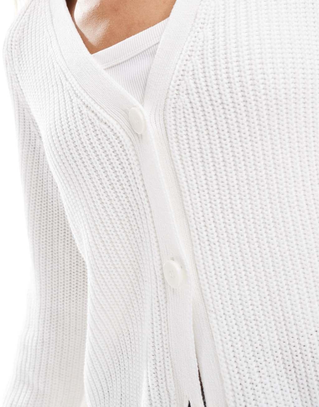 Monki boxy fit rib knit cardigan in white Product Image