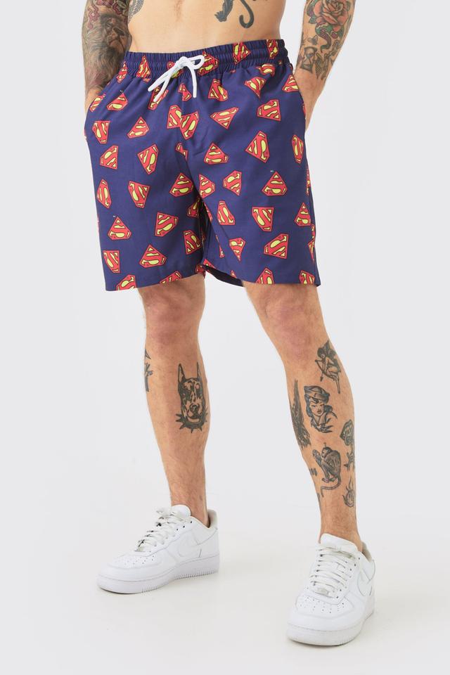 Mid Length Superman Swim Trunks | boohooMAN USA Product Image