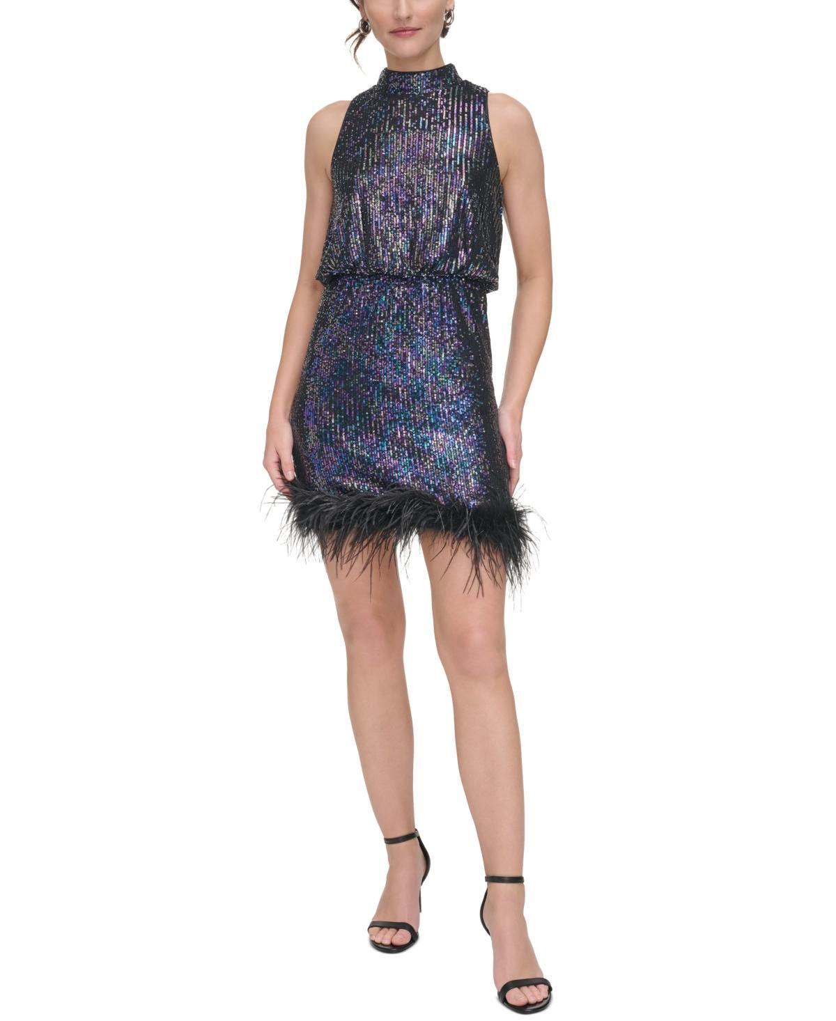 Eliza J Feather Trim Sequin Blouson Minidress Product Image